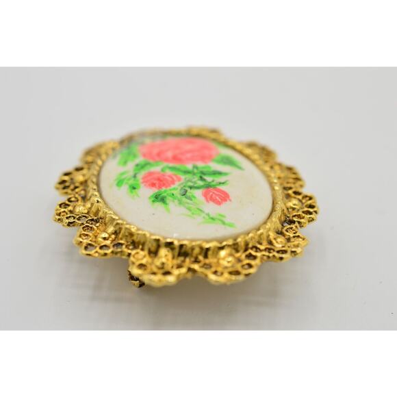 Artist Johan Painted Vintage Statement Pin Brooch Floral Roses Gold Cameo BinF - Picture 8 of 12